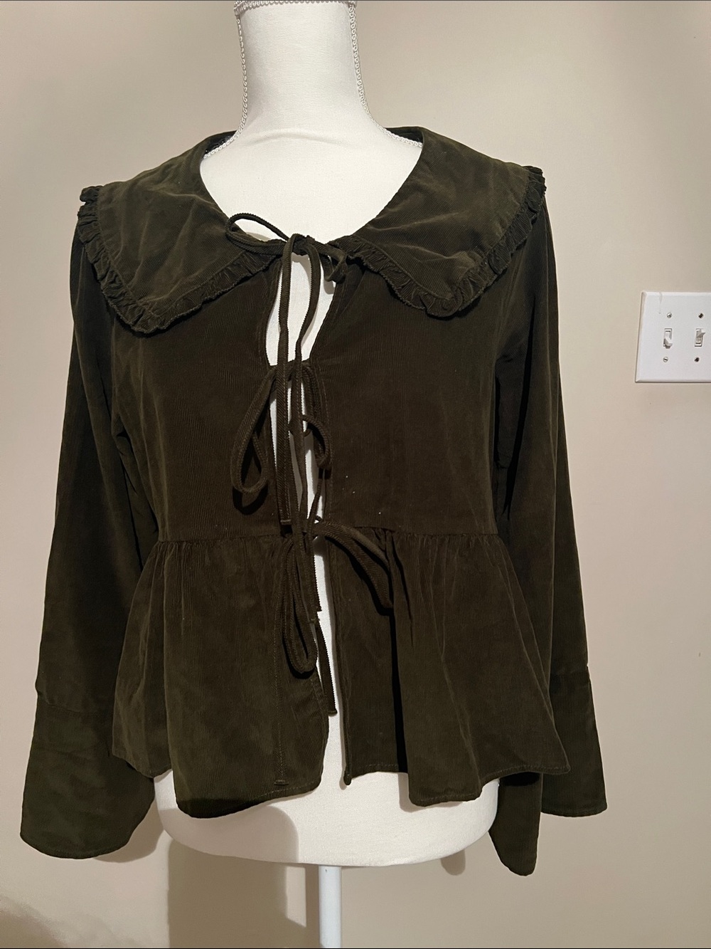 American Eagle Outfitters Olive Green Velvet Tie-Front Peplum Blouse
